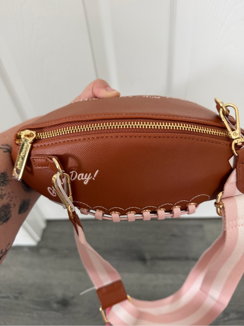 Brown Football-Shaped Crossbody Bag with Pink Striped Strap - Betsey Johnson - Picture 5 of 5